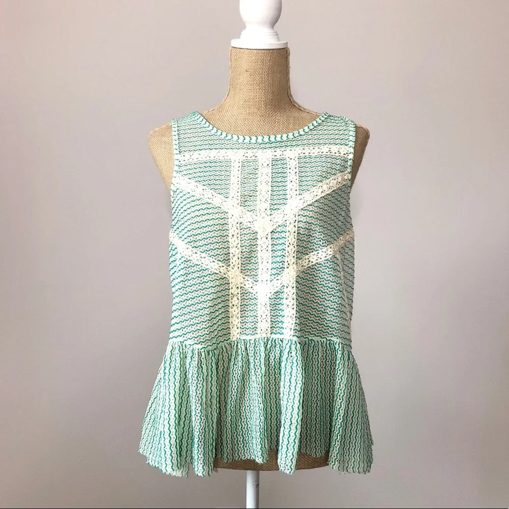 Free People Green Lace Crochet Stripe Peplum Top